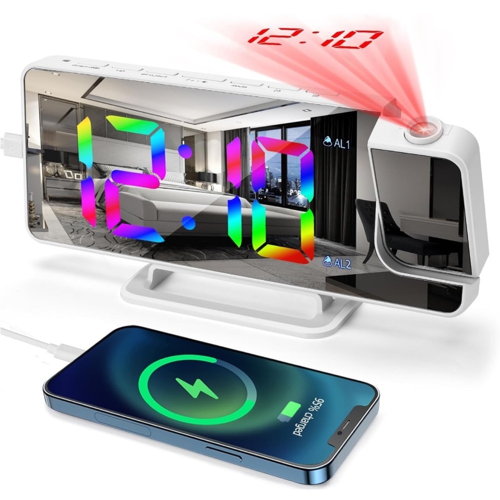 ⏰Biupky Digital alarm clock 180° projection + 11 RGB colors, LED, white 💯 NEW⏰